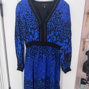 Ted Baker Size 2 (US 6 equivalent)Blue Black Animal Print Midi Dress Long Sleeve